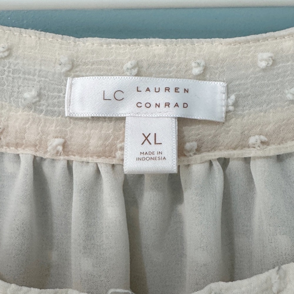 LC Lauren Conrad Swiss Dot Square Neck Blouse Cream Peach XL Long Sleeve - Picture 5 of 7